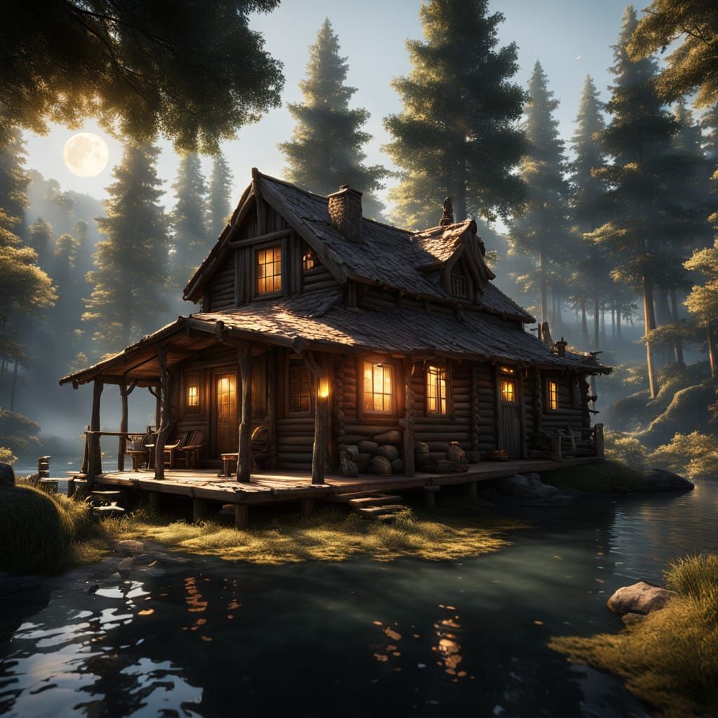 Ethereal Lakeside Scene at Dusk with Golden Lighting and Moo...