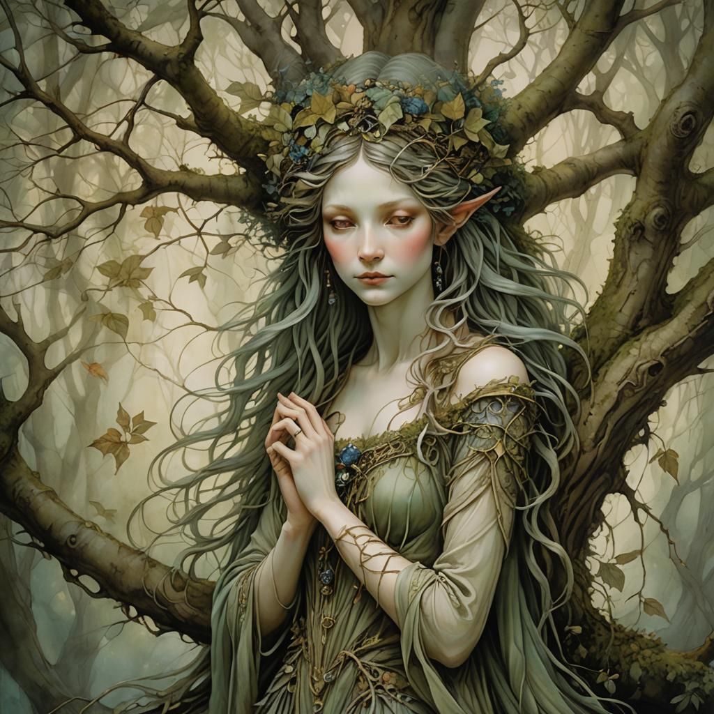 Regal Tree Woman in Dreamlike Illustration