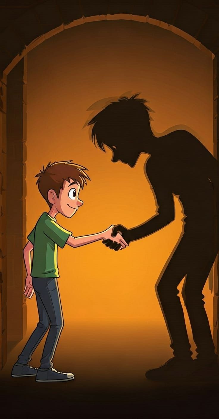 Timid Man Shakes Hand With Own Shadow in Cartoon Style