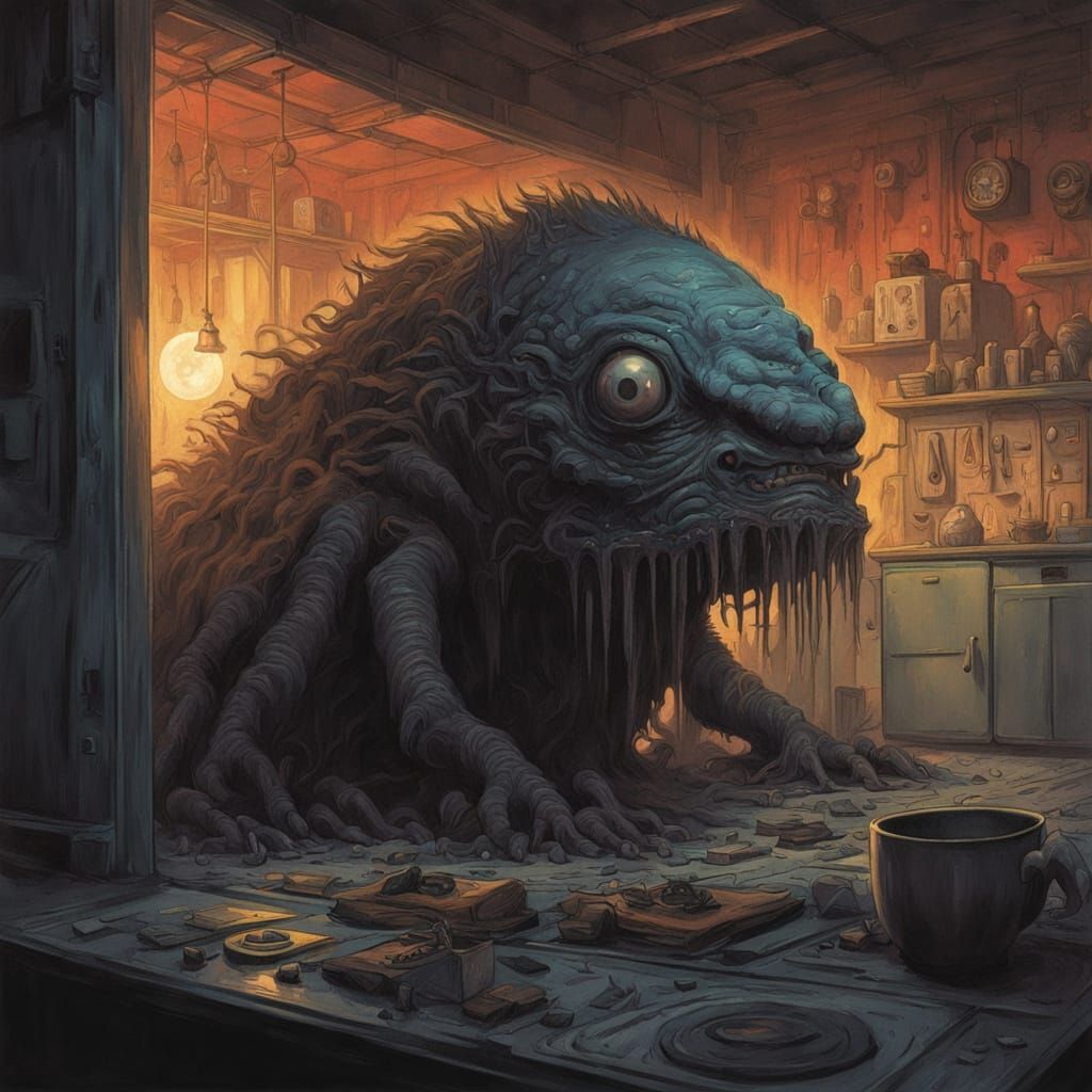 Grotesque Mogwai in Midnight Kitchen, Junji Ito Style