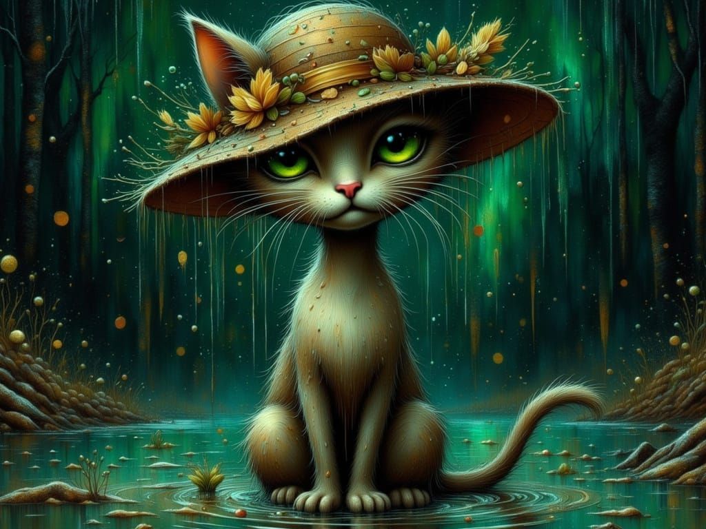 Sad Cat in Rain: Surreal Dreamlike Scene