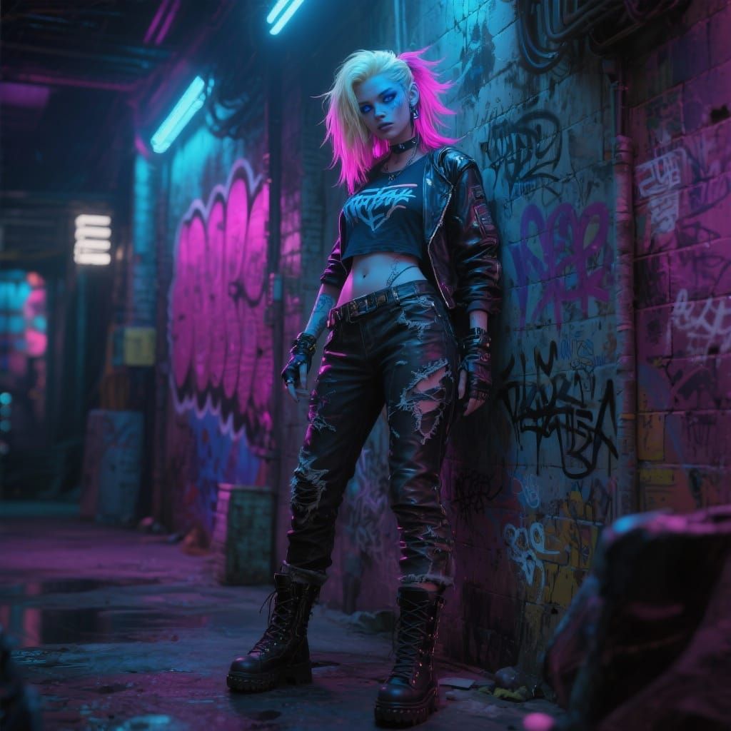 Cyberpunk Punk Rocker in Neon Alleyway