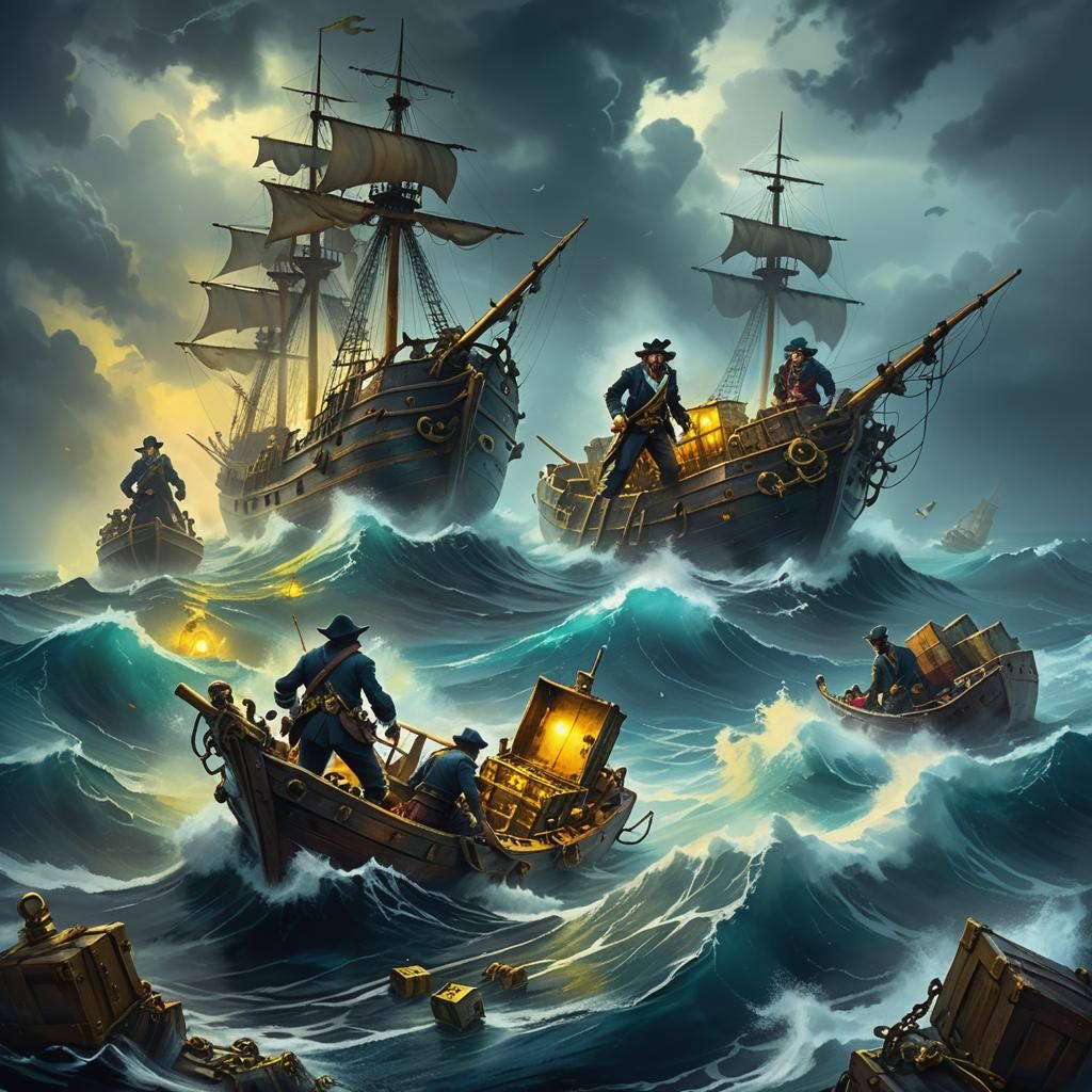 Bandits riding a boat in the middle of the ocean. Bandits are plundering a shipwreck.