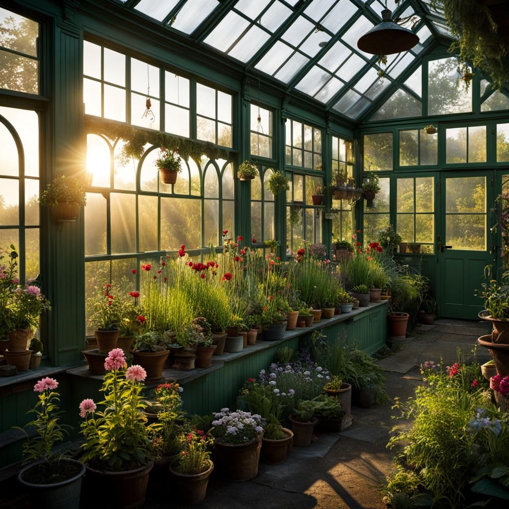 Ornate Greenhouse Interior in Evening Light