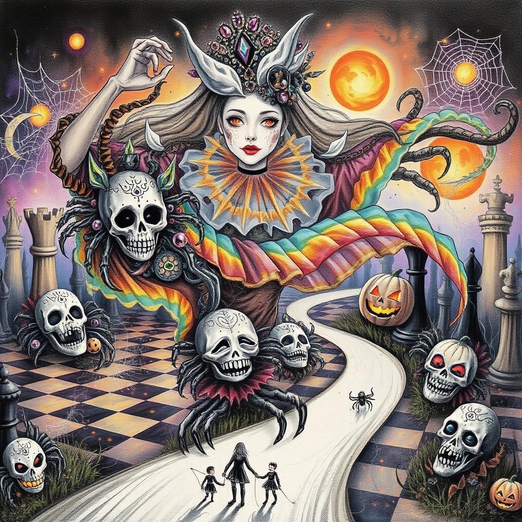 Mystical Sugar Skull Woman Dances on Chessboard