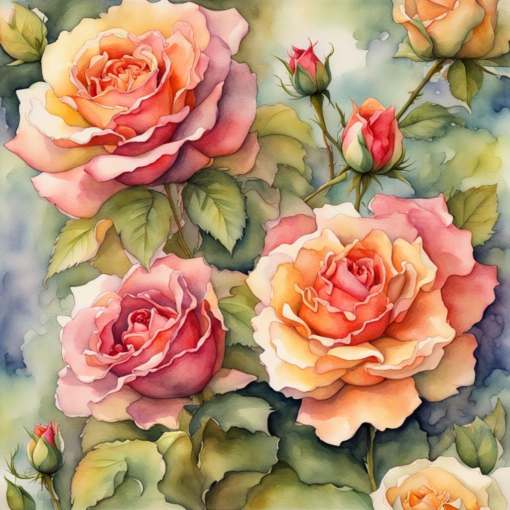 Watercolor Painting of Felicity Roses in Bloom