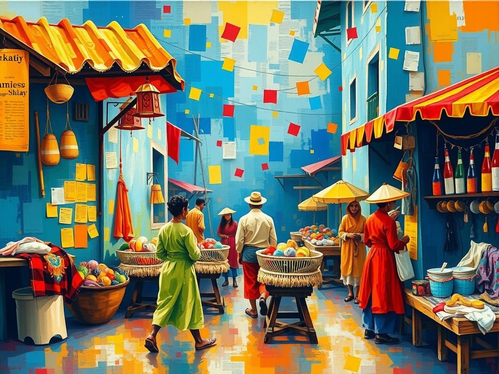 Vibrant Wharf Market in Impasto Painting Style