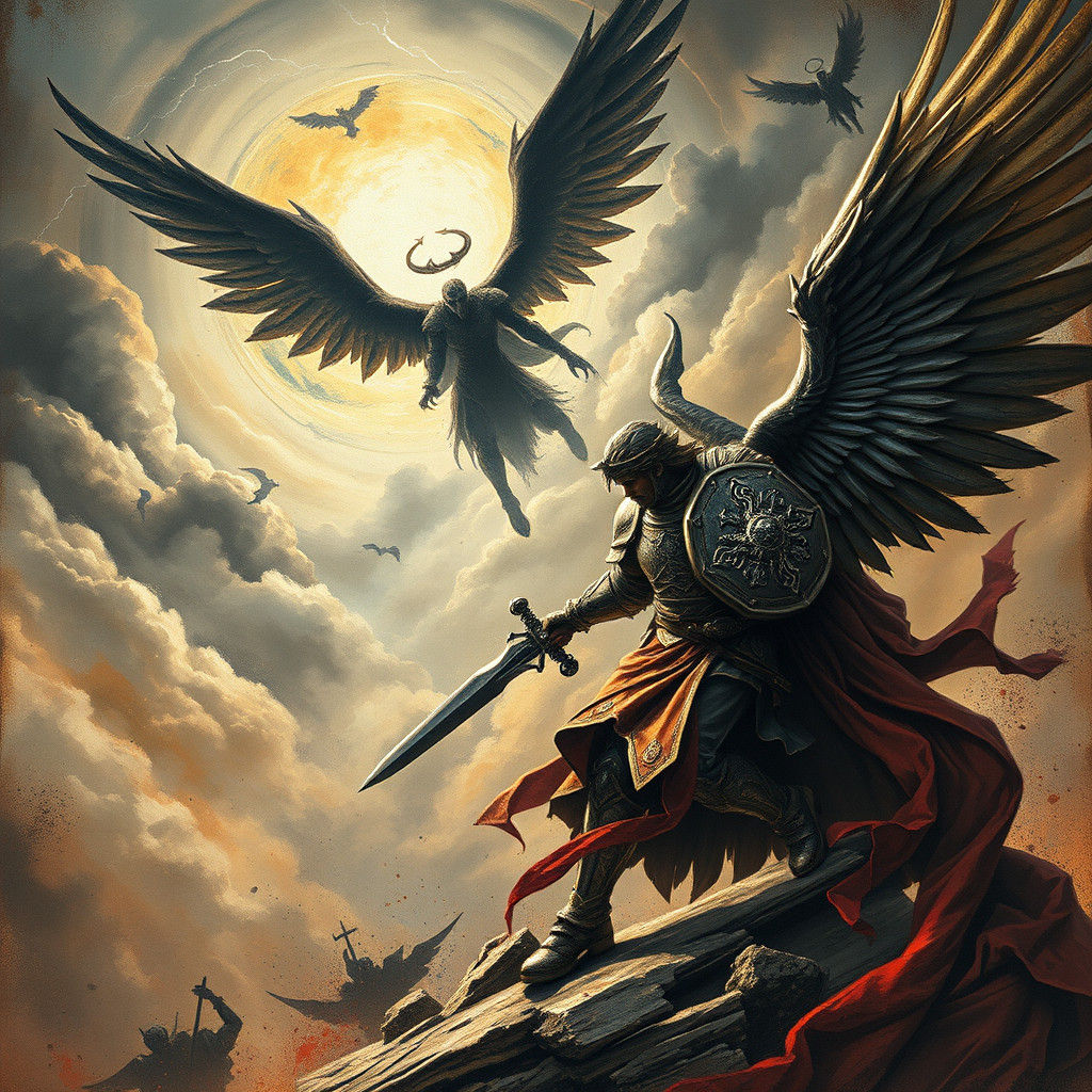 Archangel Michael Battles Lucifer in Gothic Fantasy Style