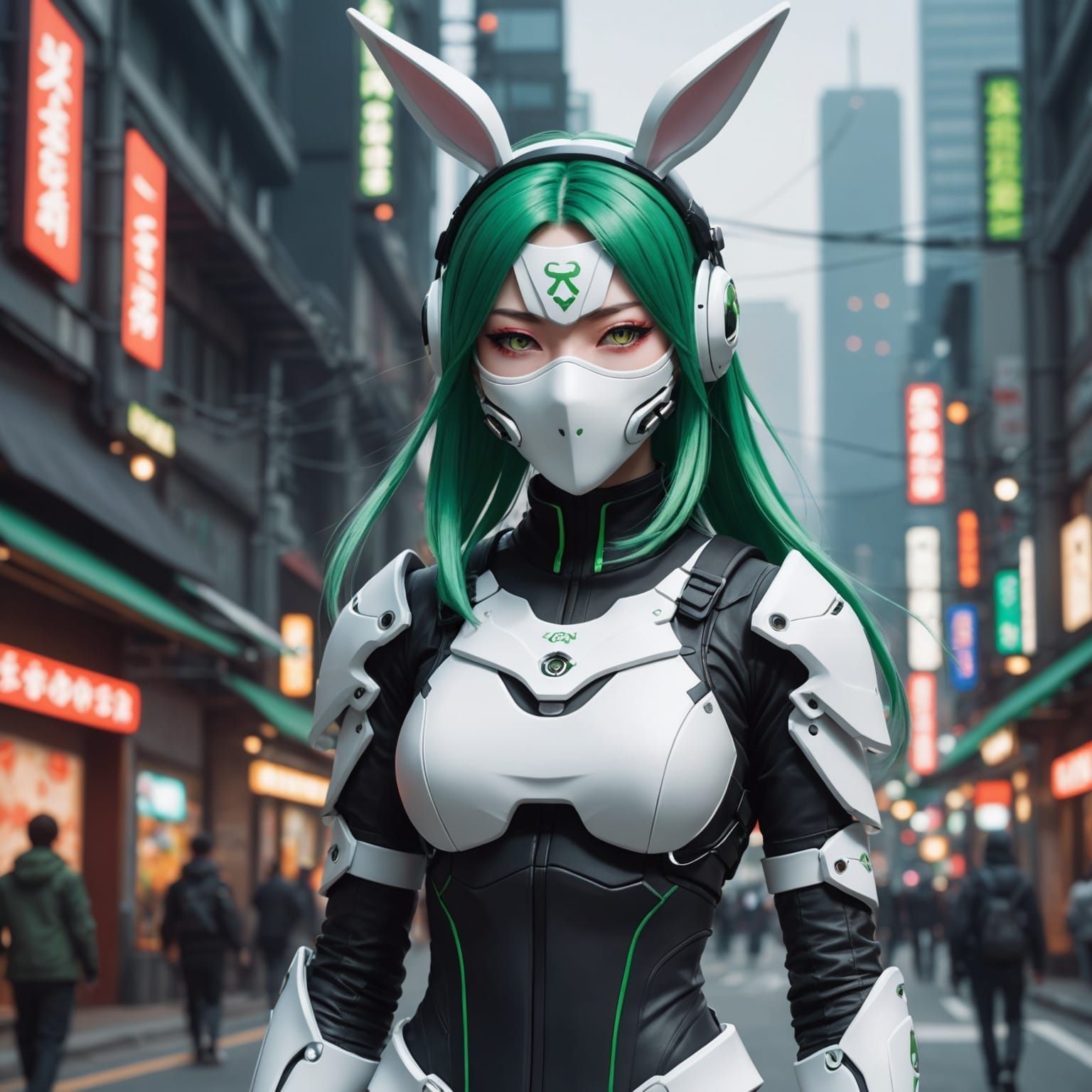 Cyborg Ninja Girl with Oni Mask in 3D Anime Style