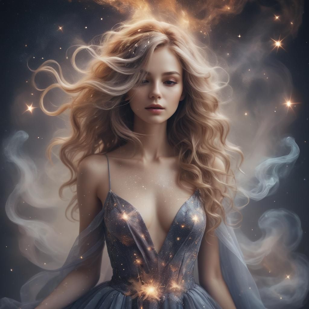 Cosmic Woman with Star Hair: Ethereal Fantasy Art