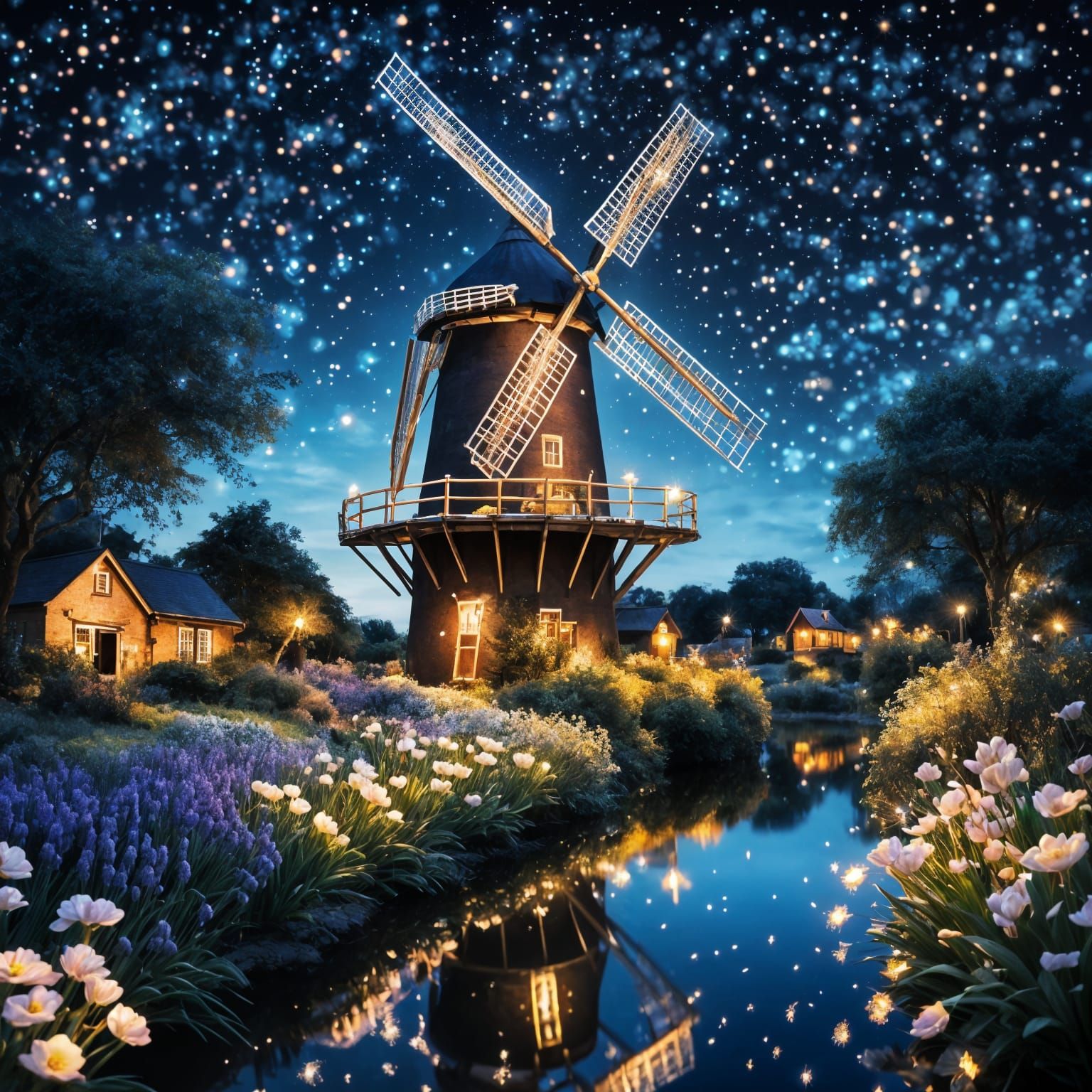 Magical Windmill Under Starry Night Sky