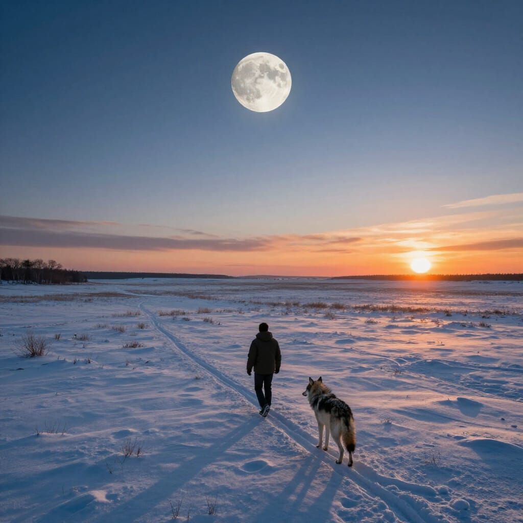 Man and Wolf on Snowy Steppe Under Full Moon