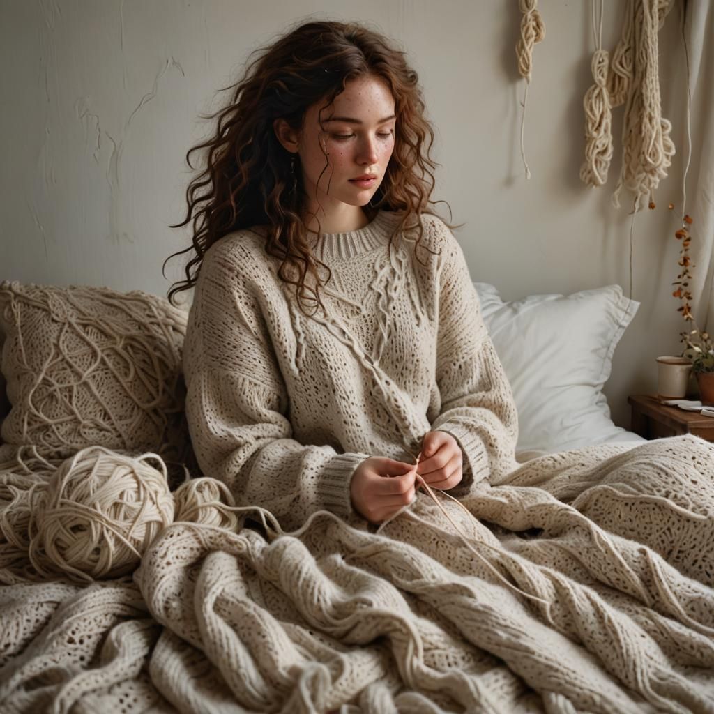 Golden Hour: Young Woman Knitting in Cozy Bedroom