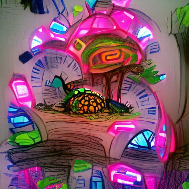 Turtle with Neon Forest and Clocks