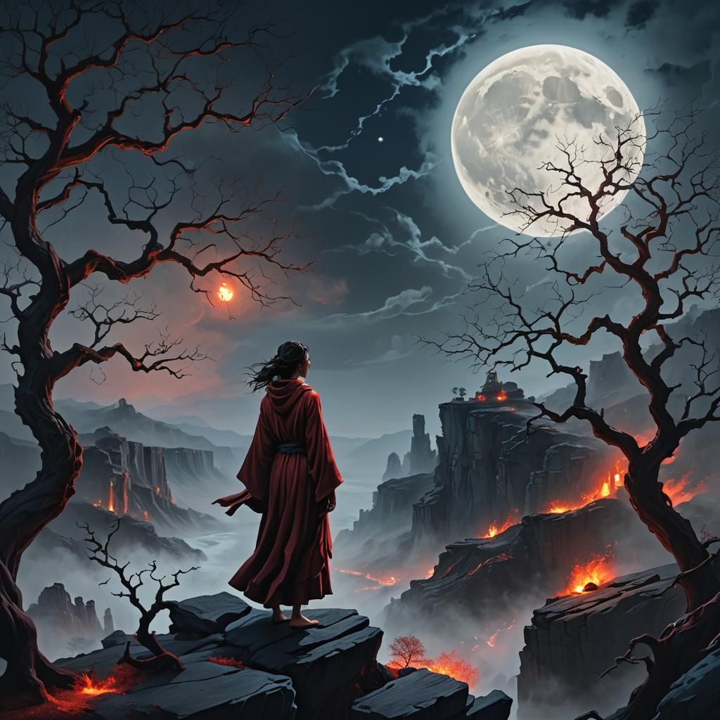Woman on Windswept Cliff, Dark Fantasy Art