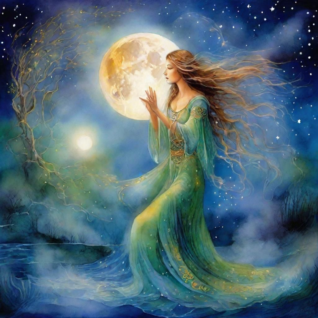 Mystical Sorceress Summoning Under the Moon in Watercolor