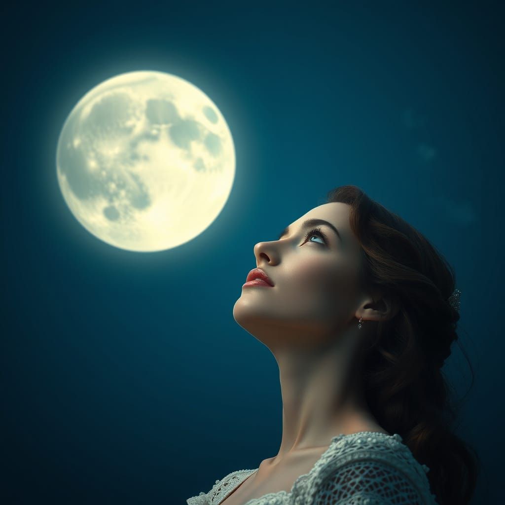 Woman Gazing at a Brilliant Moon in a Dreamlike Blue Sky