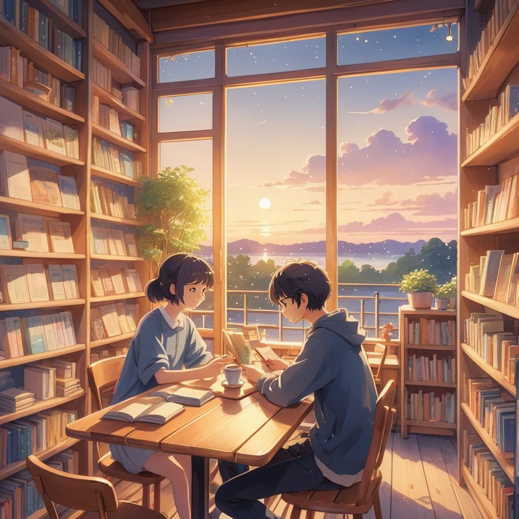 Cozy Cafe Bookstore in Anime Style