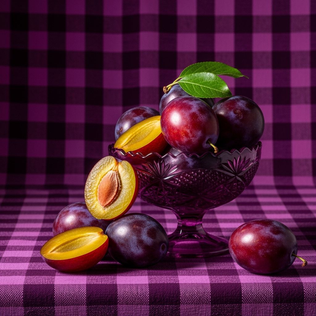 Plums Overflowing from Bowl in Hyperrealistic Still Life