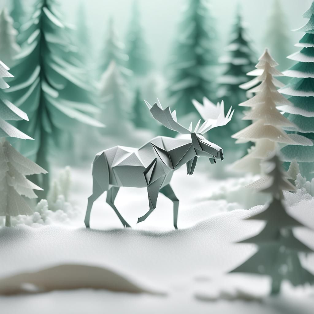 Moose in Snowy Forest: Origami Papercraft Art