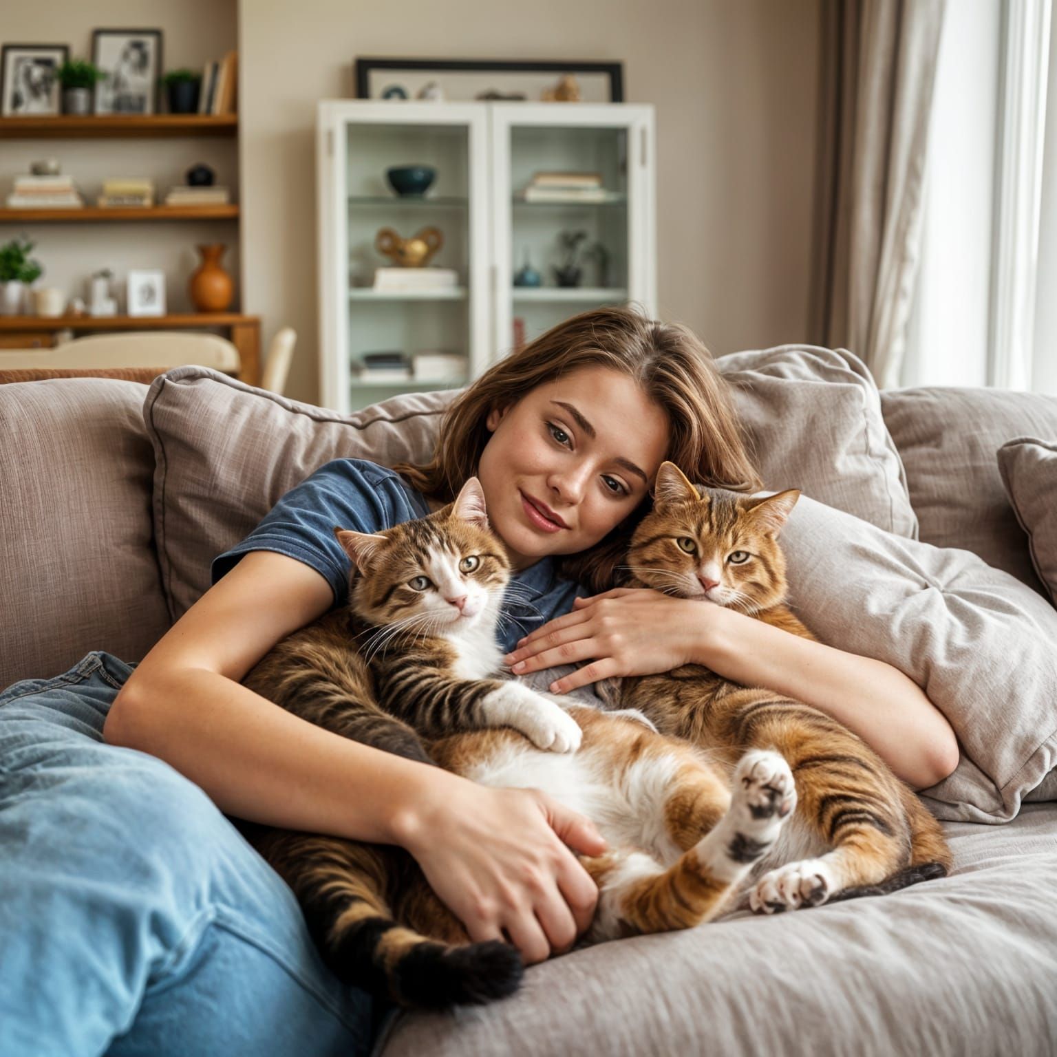 Woman Cuddling Cats in Cozy Living Room