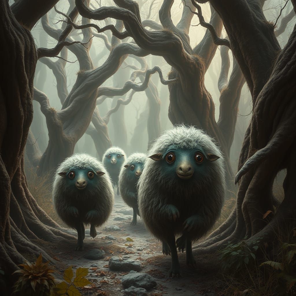 Surreal Woolly Creatures in a Dreamlike Forest
