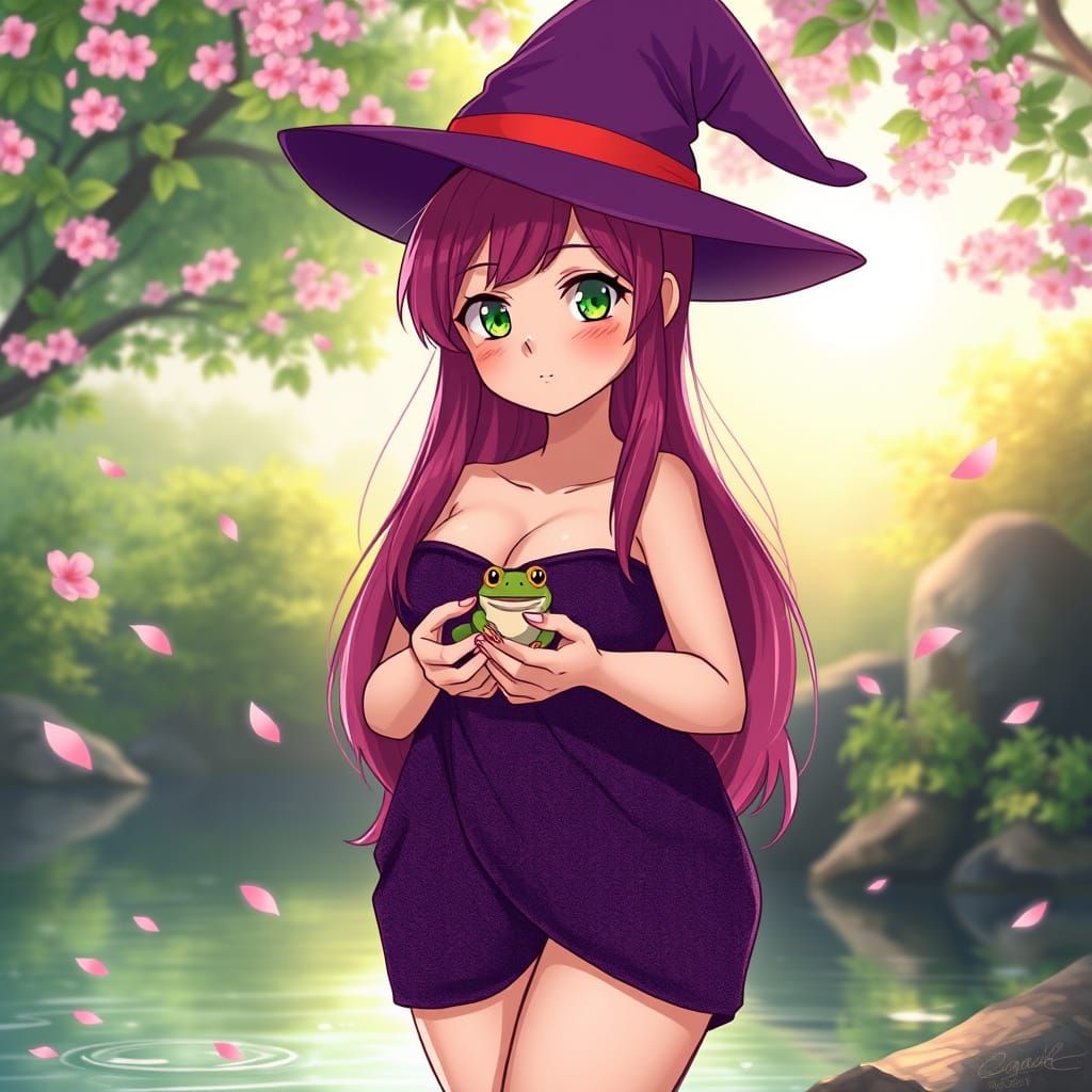 Mystical Anime Witch Basks in Morning Riverbank Serenity