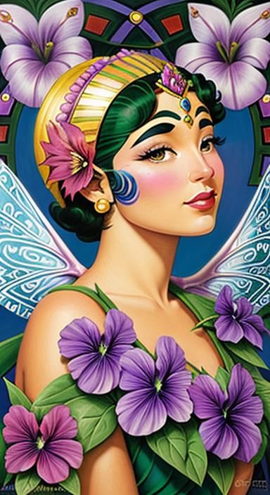 Art Deco Fairy Portrait with Aztec Geometric Wings