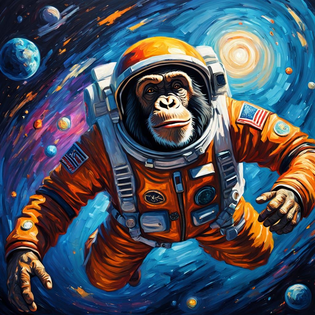 Neo-Impressionist Chimpanzee Astronaut in Weightless Space