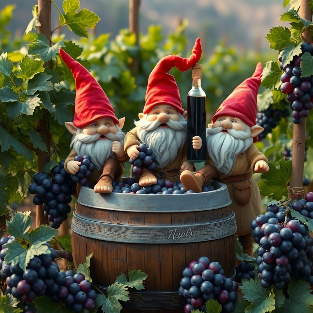 Whimsical Gnomes in a Vintage Vineyard Scene