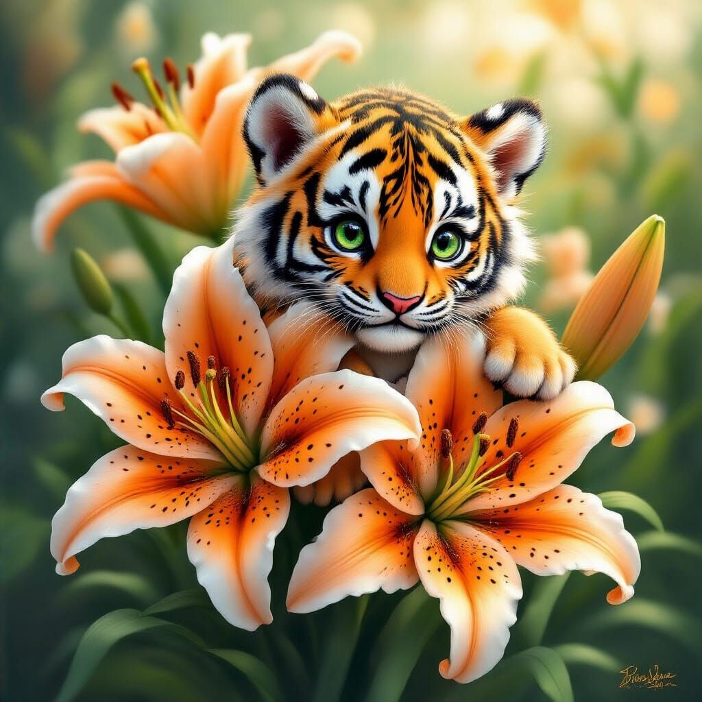 Tiger Lilies Cradling Tiny Tiger Cubs