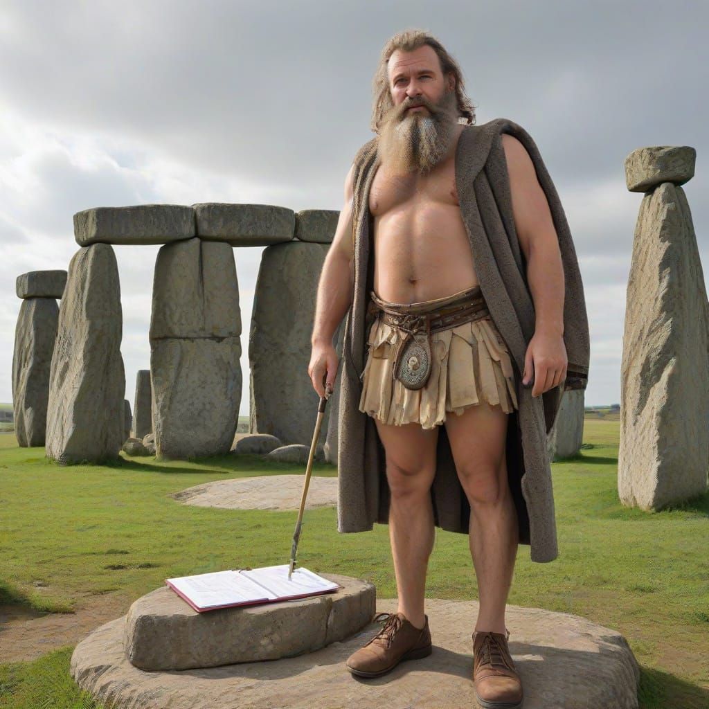 Ancient Salisbury Plains Stonehenge with Caveman in Modern A...