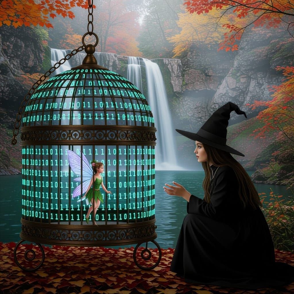 Witch Watches Fairy in Binary Birdcage by Autumn Waterfall