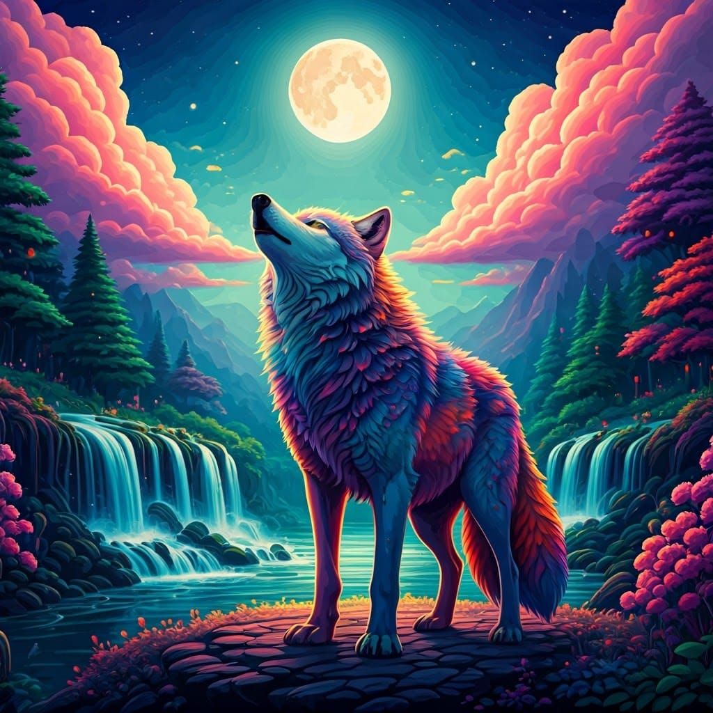 Rainbow Wolf Spirit in Dreamlike Landscape