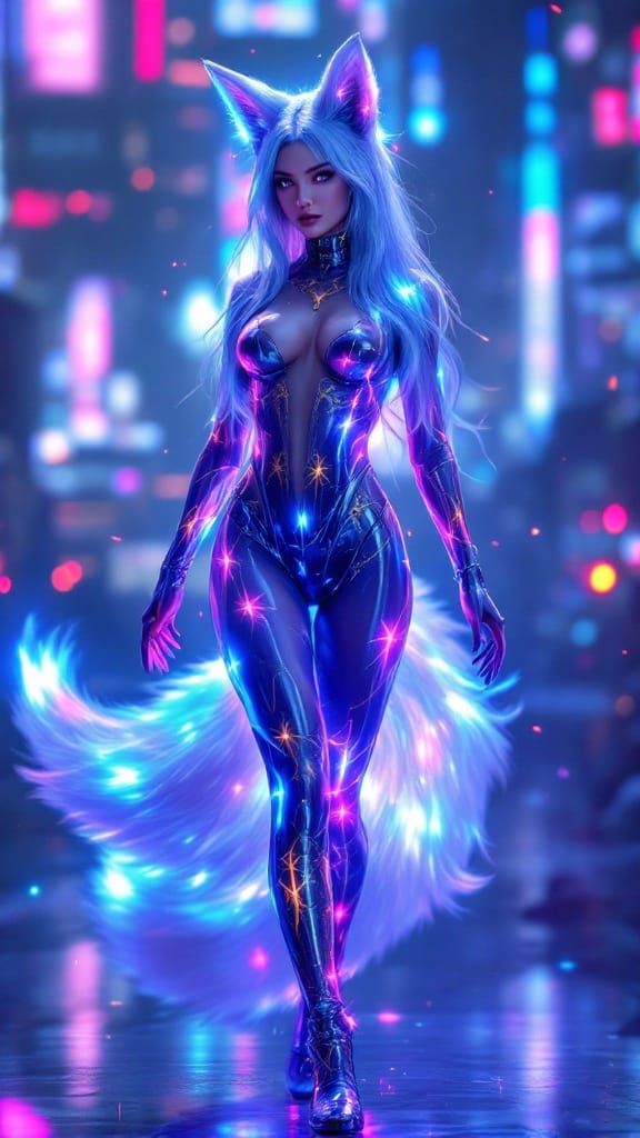 Cyberpunk Kitsune Goddess in Iridescent Latex Bodysuit