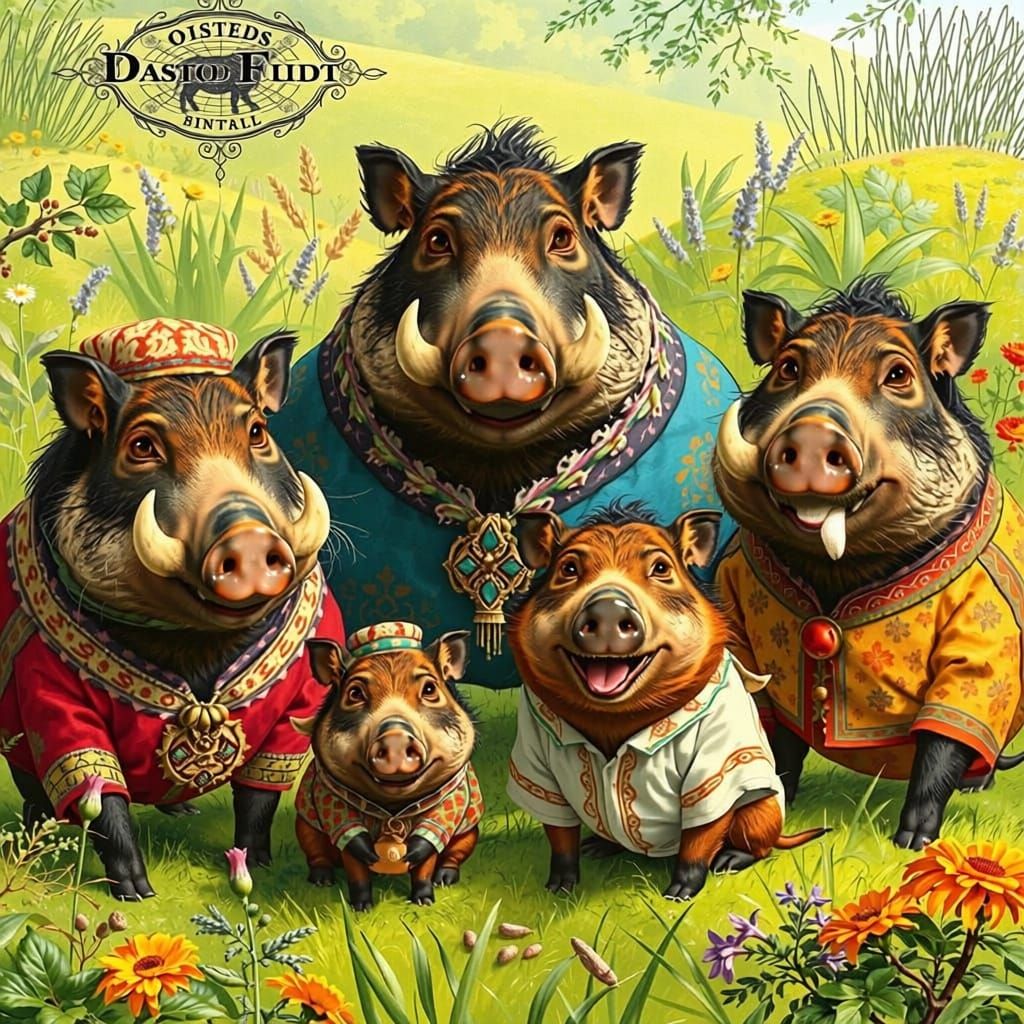 Whimsical Bush Pig Family in Detailed Cartoon Style