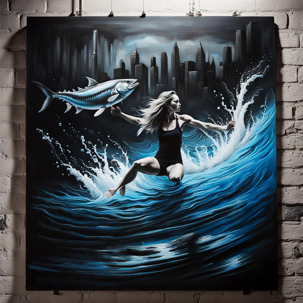 Woman Swimming with Tuna: Chalk Art Graffiti