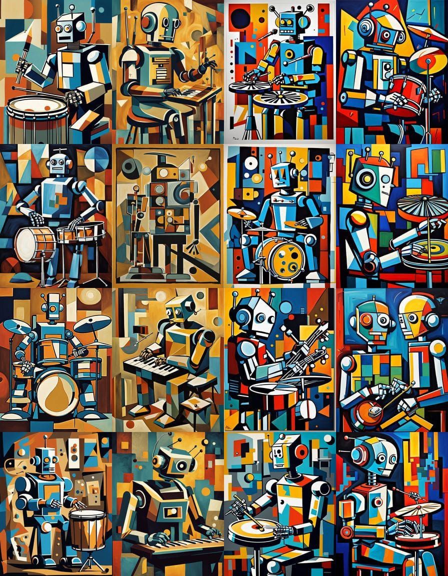 Cubist Robot Drummer in Picasso Style