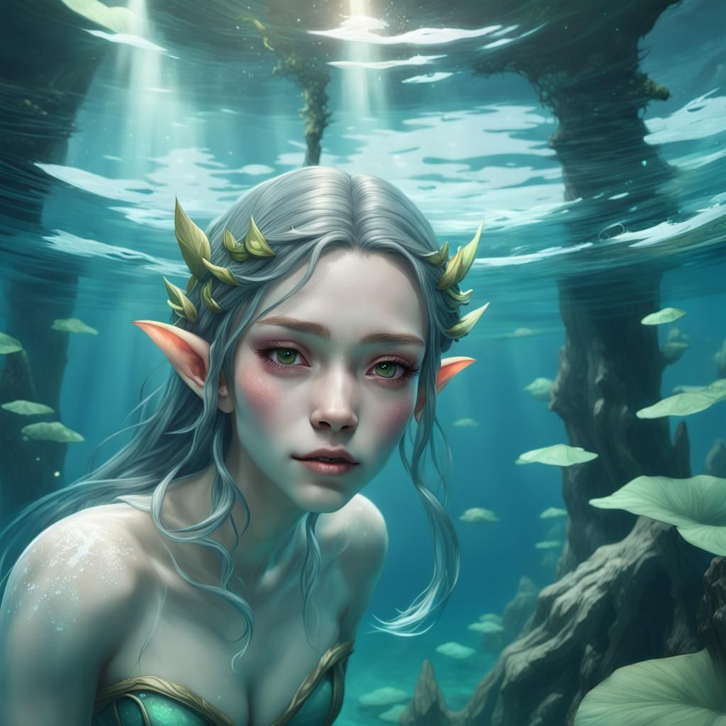 Elven Woman Swimming Underwater: 3D Anime Art