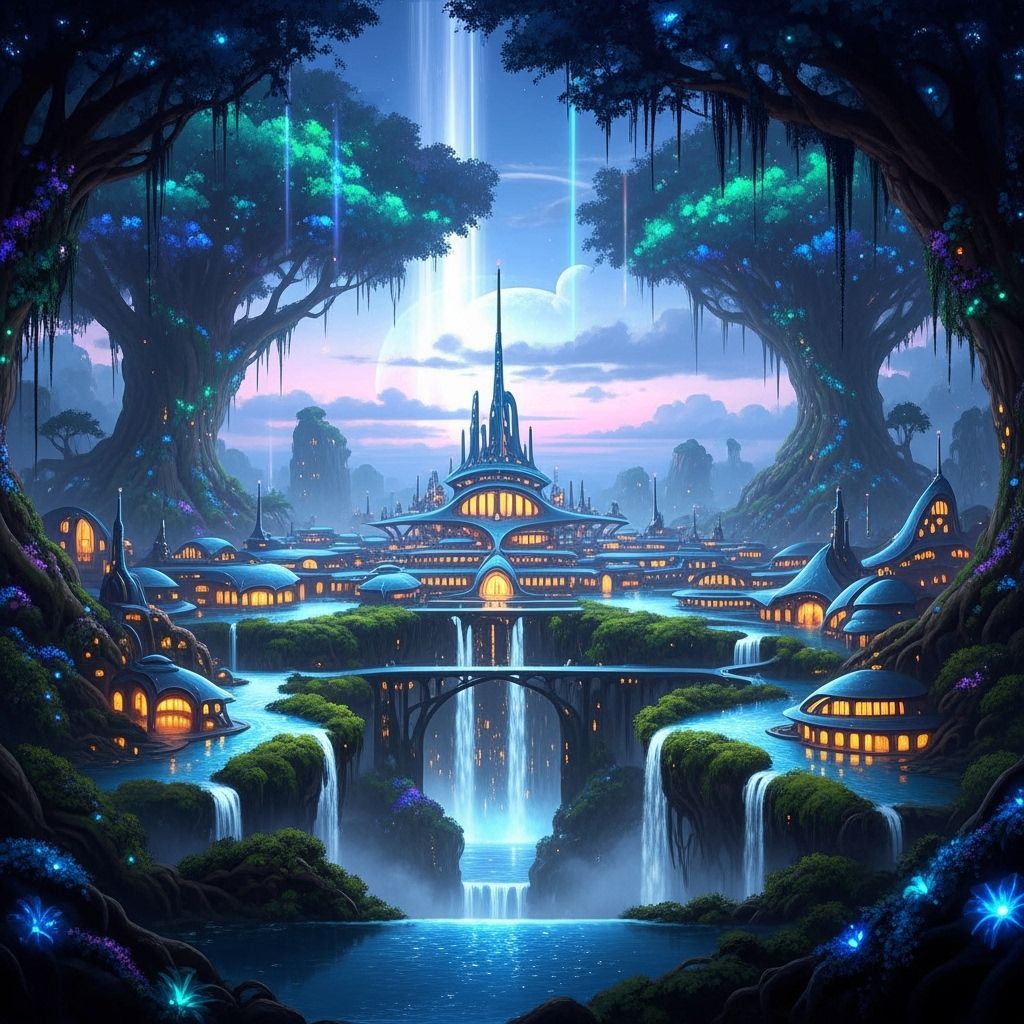 Hidden City With Bioluminescent Flora And Waterfalls