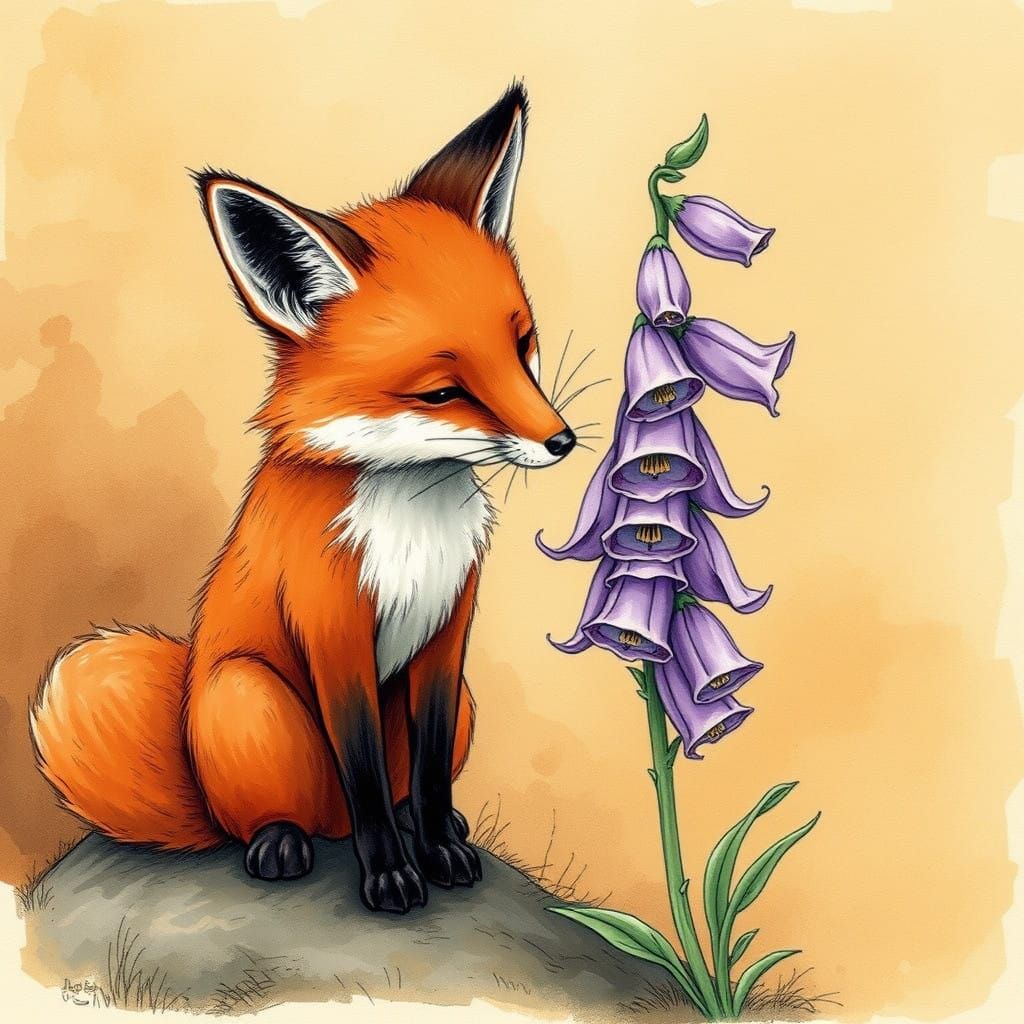 Whimsical Fox and Foxglove in Earthy Storybook Style