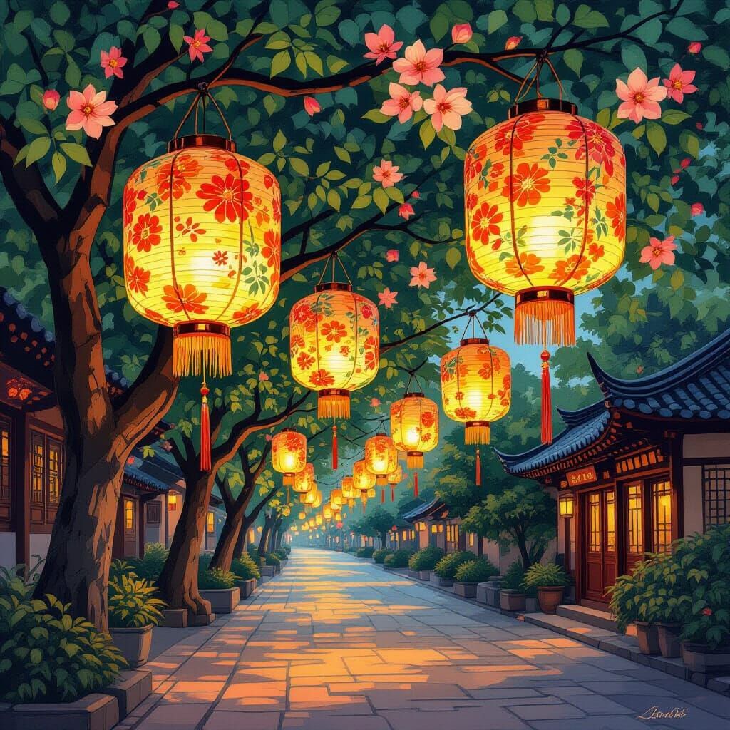 Asian Lanterns in Impressionist Landscape
