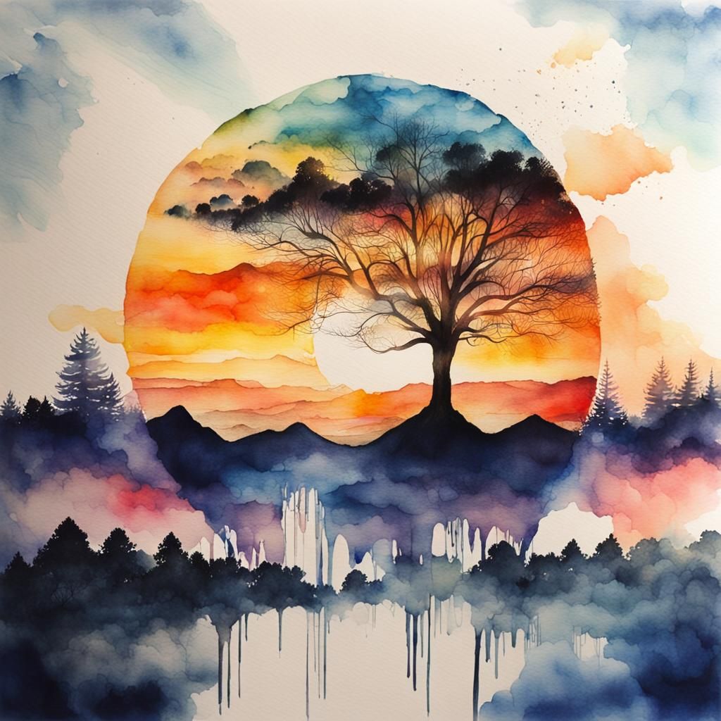 Surreal Watercolor Sunrise Dreamscape with Double Exposure