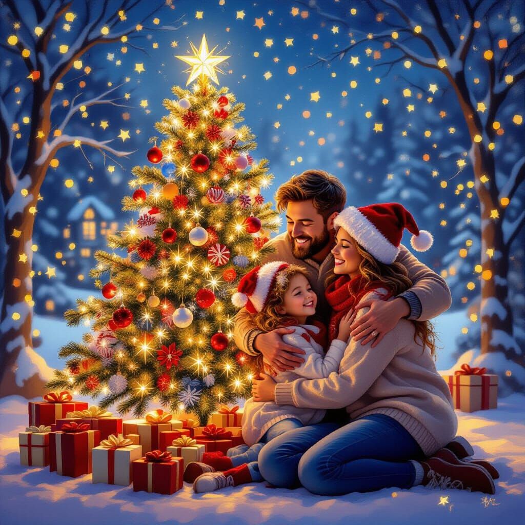 Whimsical Family Hugs Christmas Tree in Luminous Painterly S...