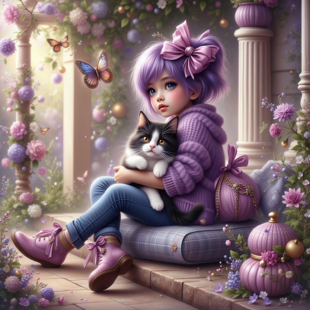 Whimsical 3D Art of Girl and Kitten on Porch