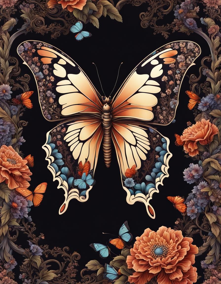 Dark Academia Butterfly with Floral Border