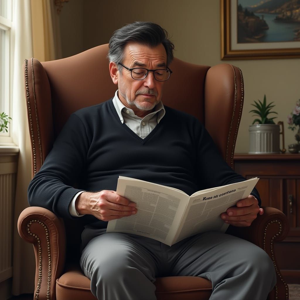 Hyper-Realistic Portrait of a Man in His Late 50s Reading a ...