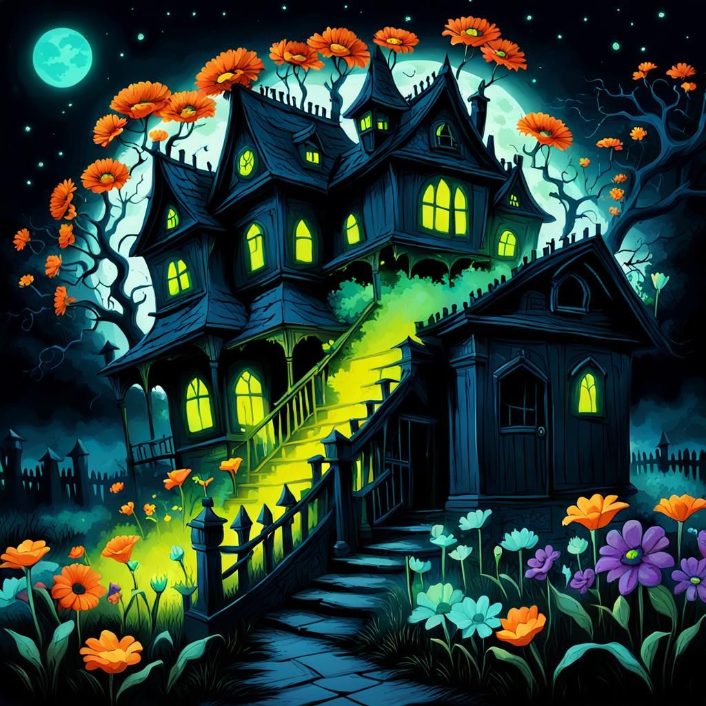 Eerie Haunted House with Bioluminescent Flowers