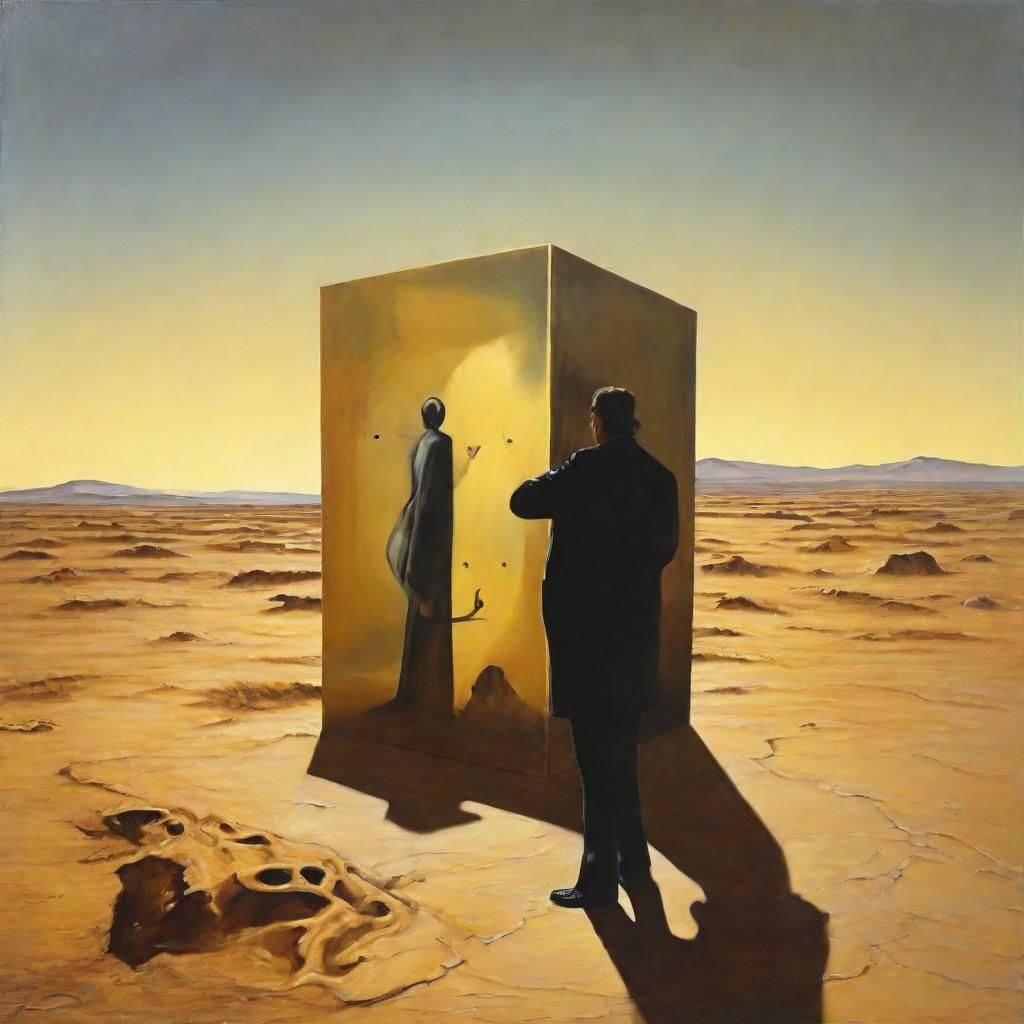 Surrealist Figure with Melting Clock Cube