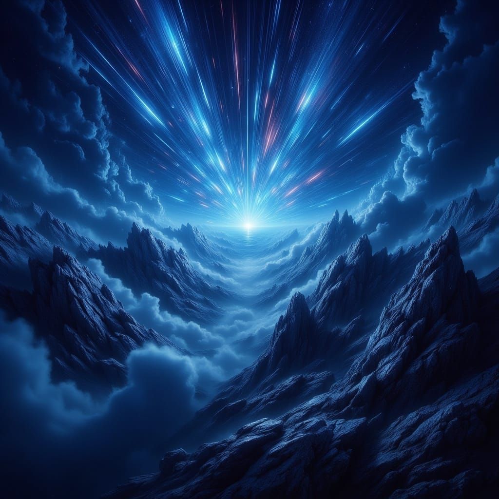 Surreal Starry Sky with Falling Meteors Over Mountains